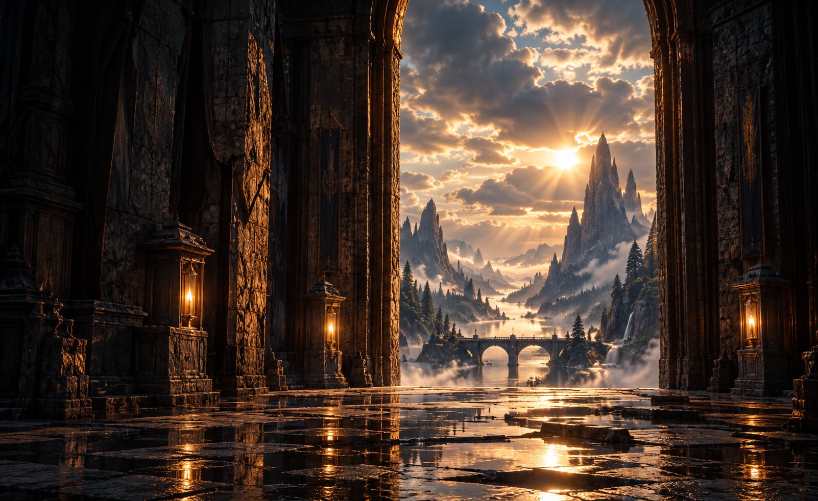 A monumental stone doorway opening from a dark, lantern-lit hall onto a sunlit valley of spires, a river and a single stone bridge.
