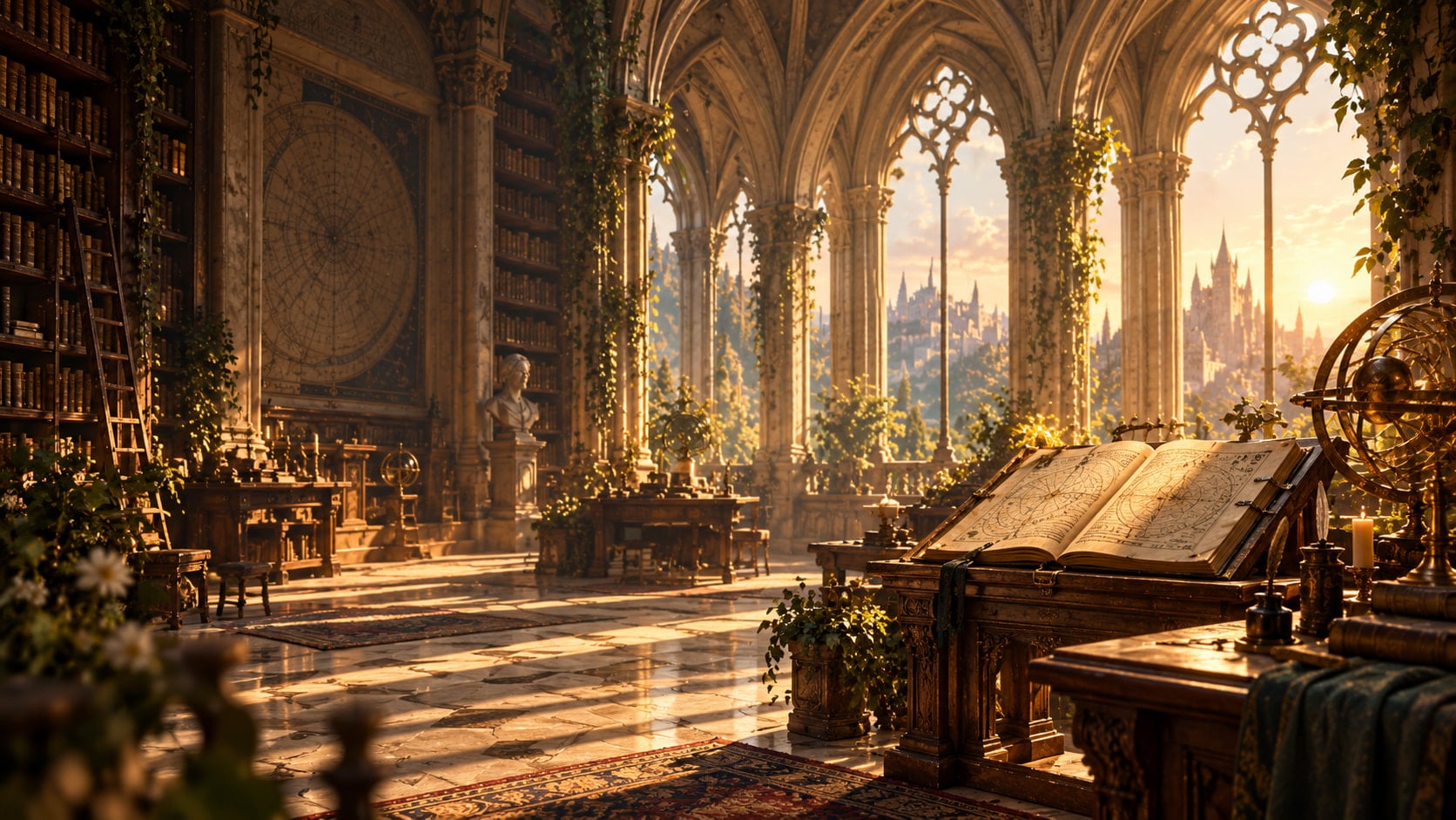 A sunlit Gothic archive: ivy-clad limestone columns and tall windows open onto distant spires, and an open illustrated manuscript rests on a carved lectern beside a brass armillary sphere.
