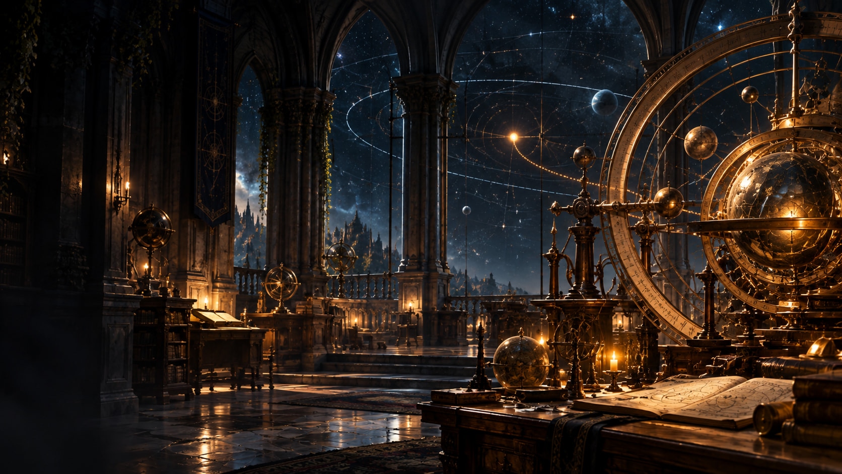 A dark Gothic observatory at night. Through tall arches, a star-filled sky is crossed by fine orbital tracks around a single bright signal, and a monumental brass orrery stands among candlelit astronomical instruments and open star charts.
